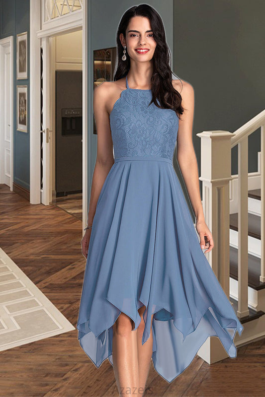 Ashlynn A-line Halter Asymmetrical Chiffon Lace Homecoming Dress DFP0020561