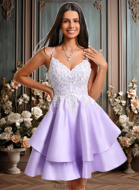 Nayeli A-line V-Neck Short Satin Homecoming Dress With Appliques Lace DFP0025696