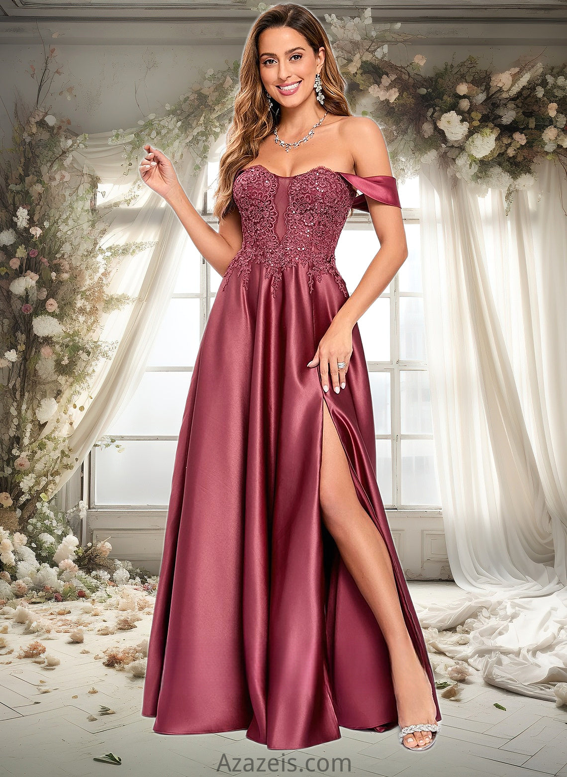 Jolie A-line Off the Shoulder Floor-Length Satin Lace Prom Dresses With Sequins DFP0025841