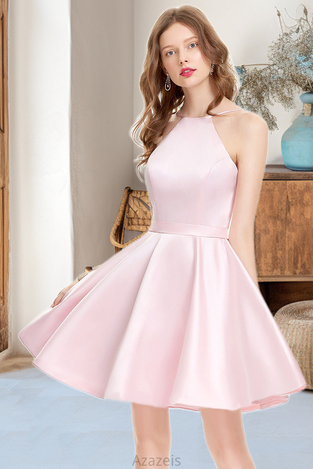 Lilyana A-line Scoop Short/Mini Satin Homecoming Dress DFP0020590