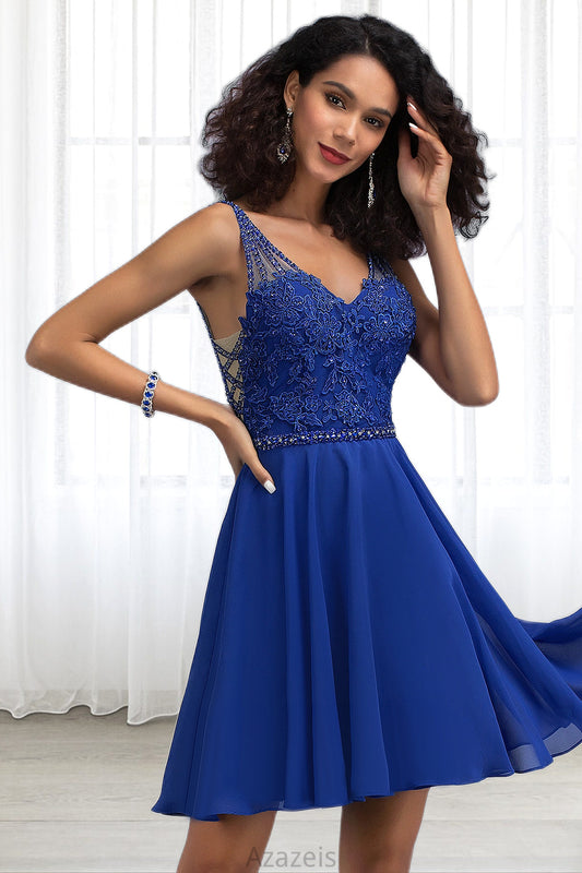 Willow A-line V-Neck Short/Mini Chiffon Lace Homecoming Dress With Beading DFP0020563