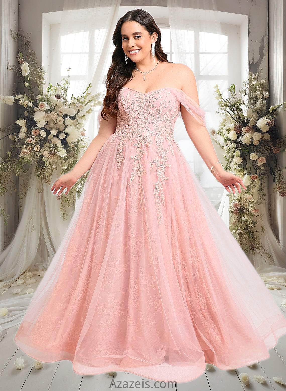 Elva A-line Sweetheart Off the Shoulder Floor-Length Tulle Floral Lace Prom Dresses With Appliques Lace DFP0025870