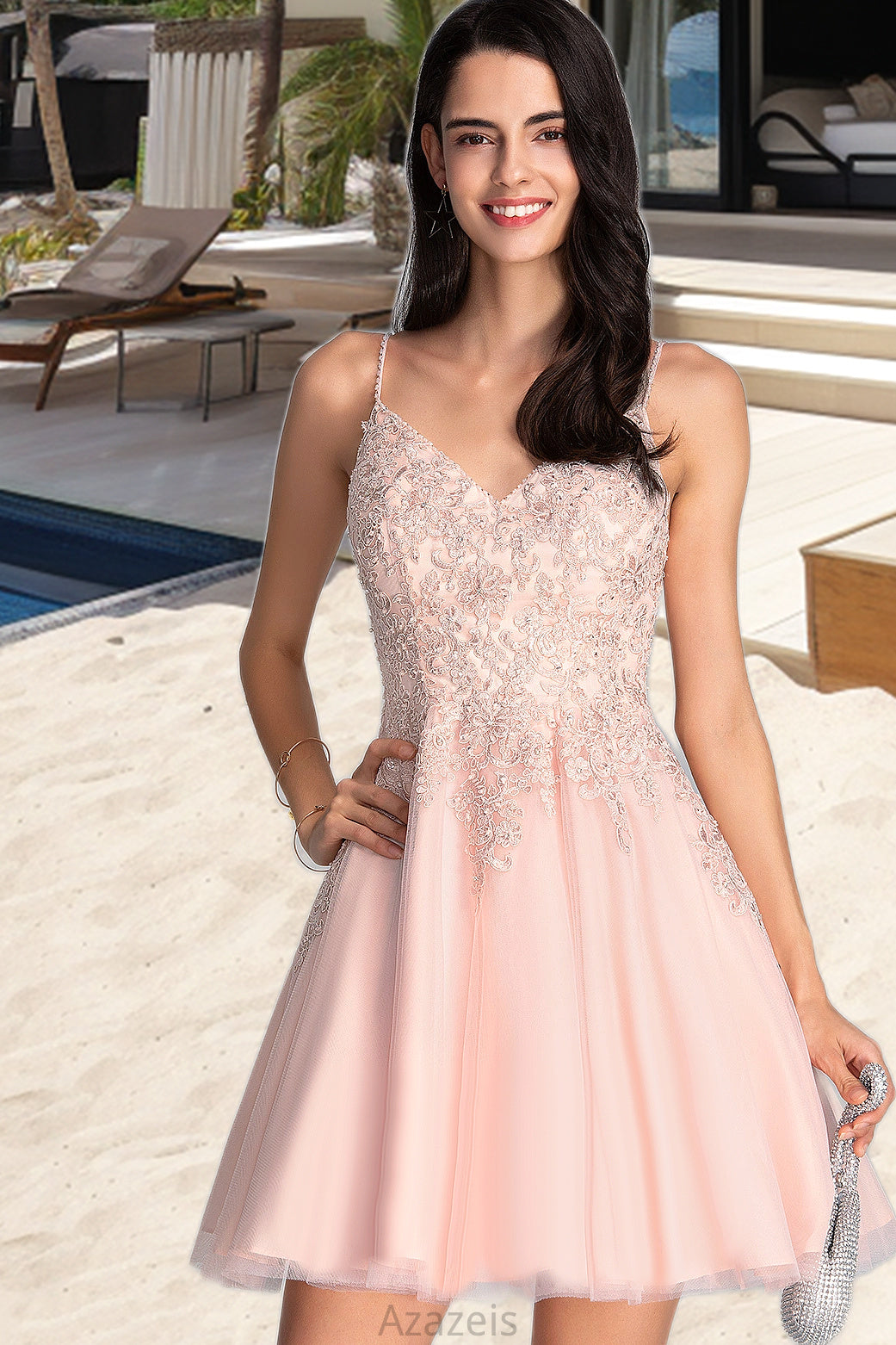 Taniyah A-line V-Neck Short/Mini Tulle Homecoming Dress With Beading DFP0020538