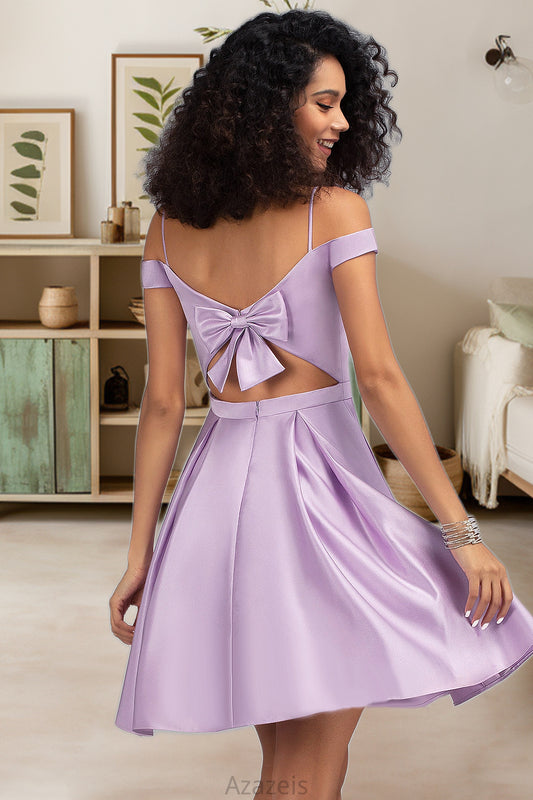 Vicky A-line Off the Shoulder Short/Mini Satin Homecoming Dress With Bow DFP0020568