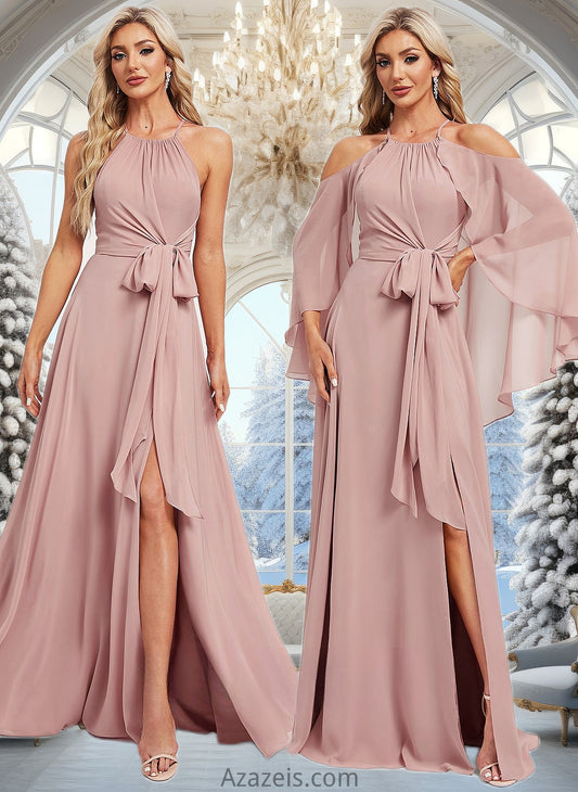 Ellie A-line Halter Floor-Length Chiffon Bridesmaid Dress DFP0025821