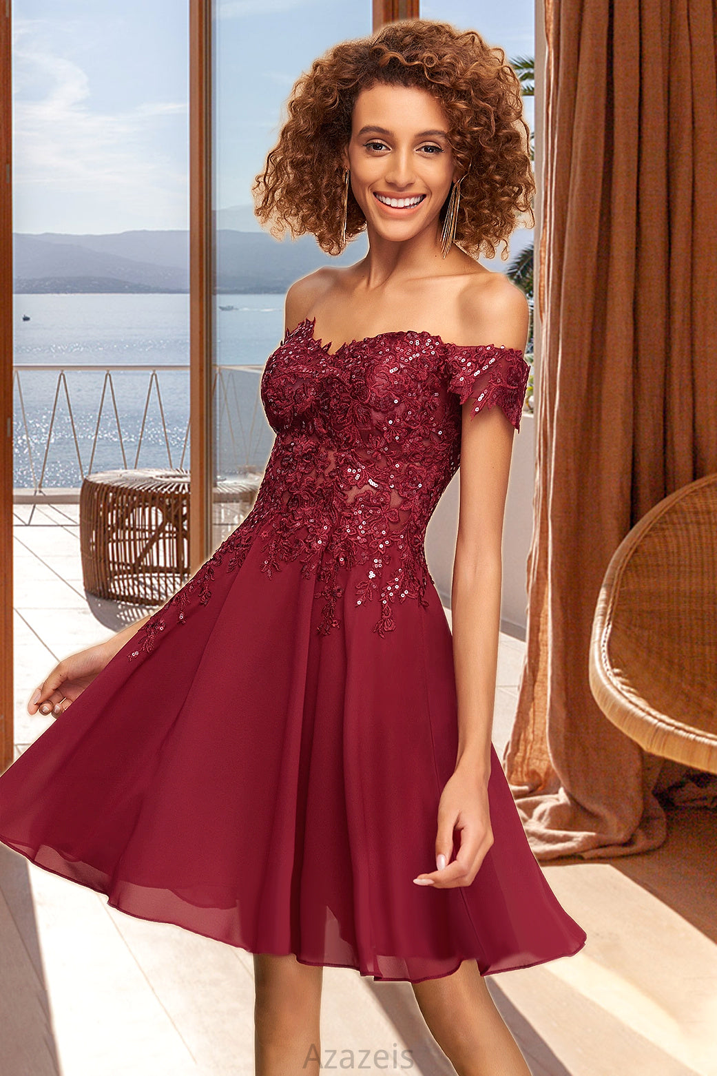 Kassandra A-line Off the Shoulder Short/Mini Chiffon Lace Homecoming Dress With Sequins DFP0020528