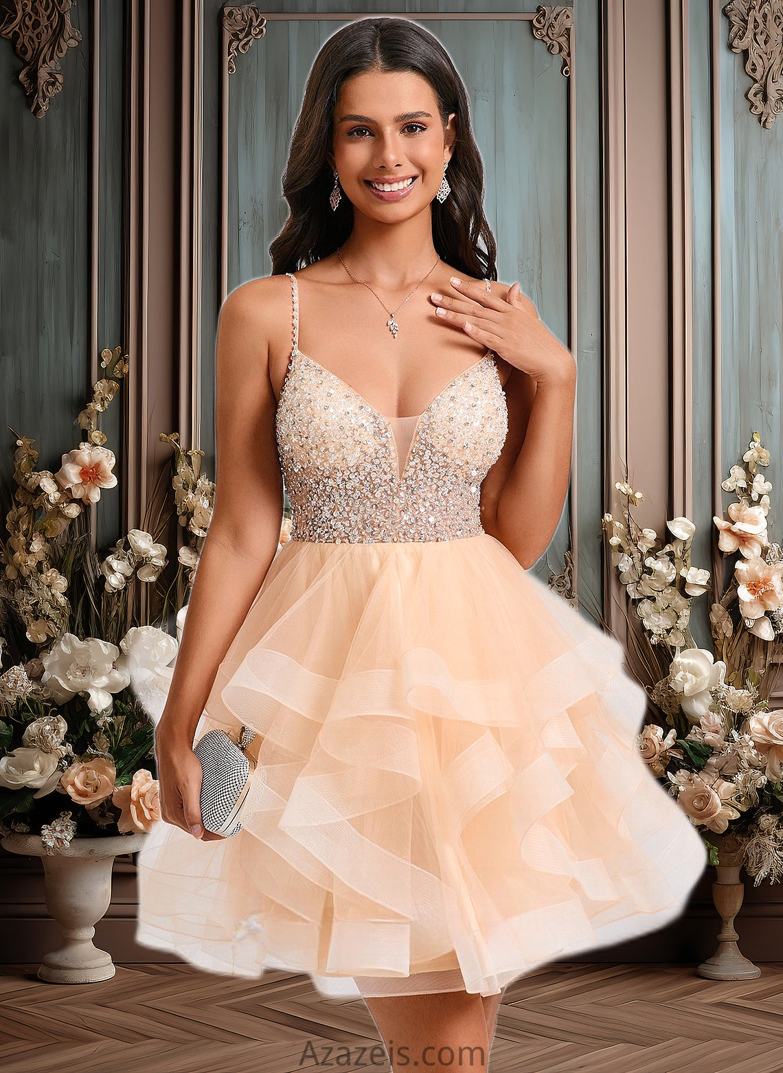 Bridget Ball-Gown/Princess V-Neck Short Tulle Homecoming Dress With Beading Sequins DFP0025646