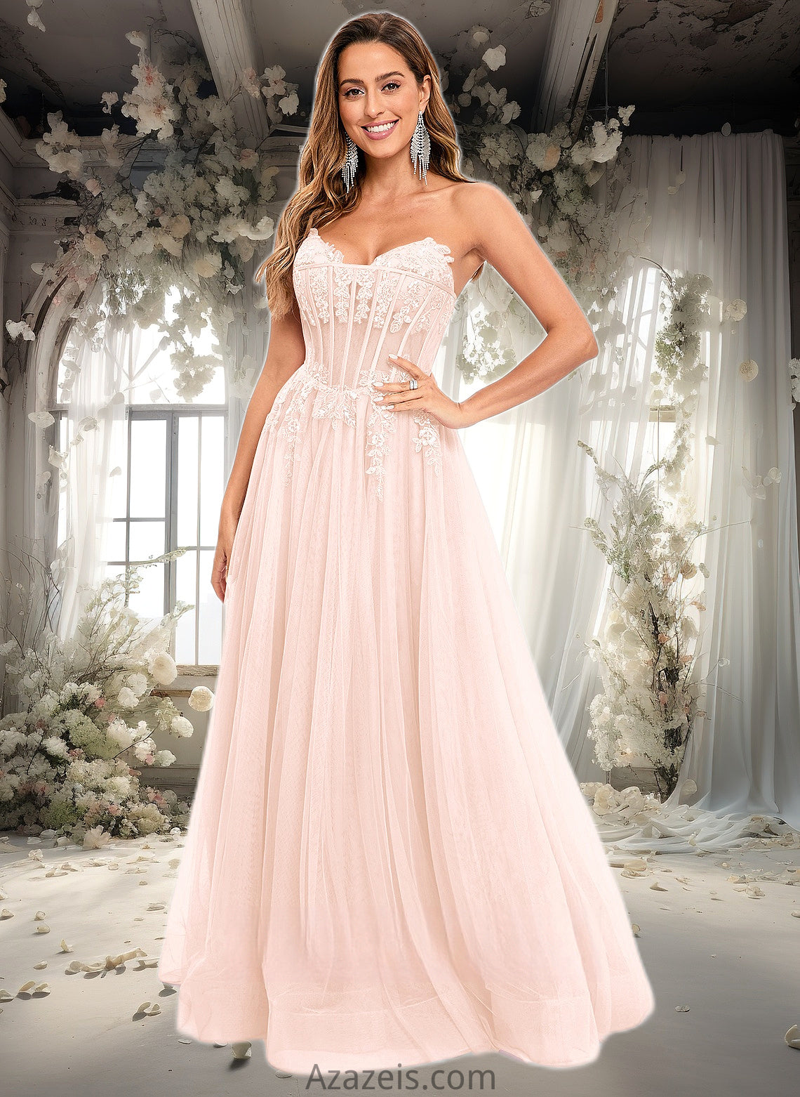 Zoey Ball-Gown/Princess V-Neck Floor-Length Tulle Prom Dresses With Sequins Appliques Lace DFP0025837