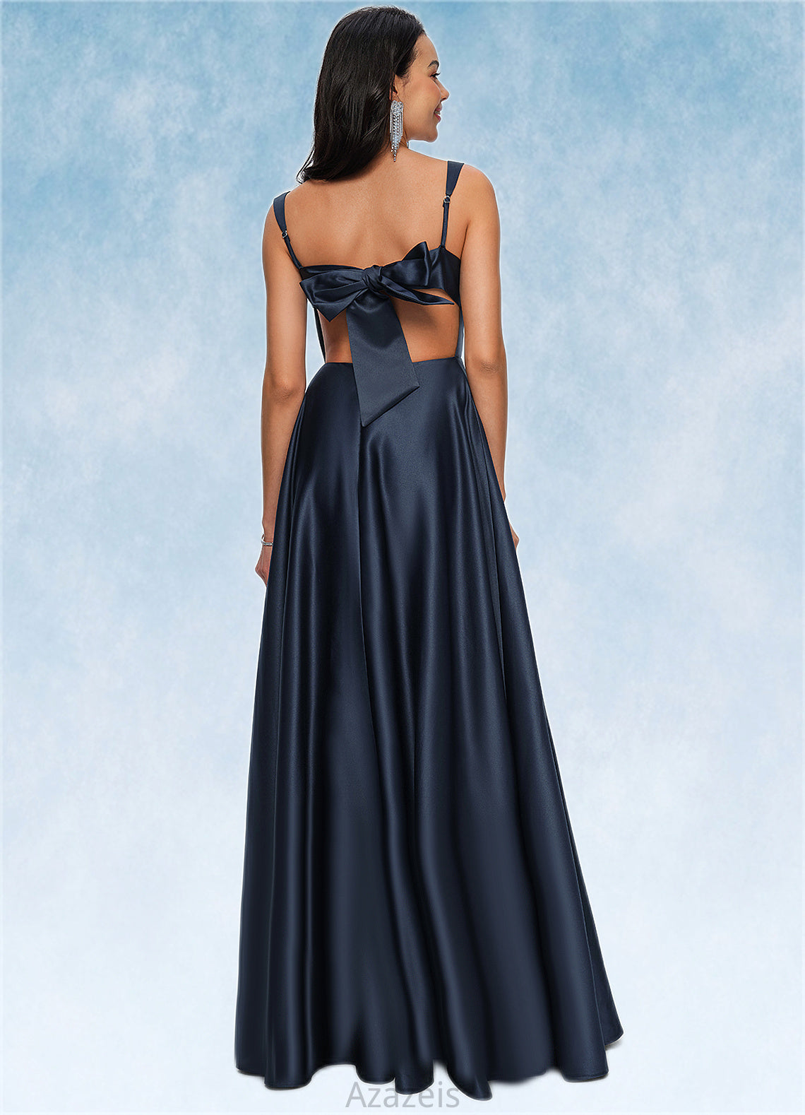 Naomi A-line Straight Floor-Length Satin Prom Dresses With Bow DFP0022195