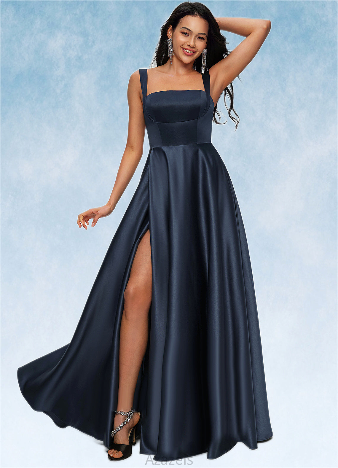 Naomi A-line Straight Floor-Length Satin Prom Dresses With Bow DFP0022195