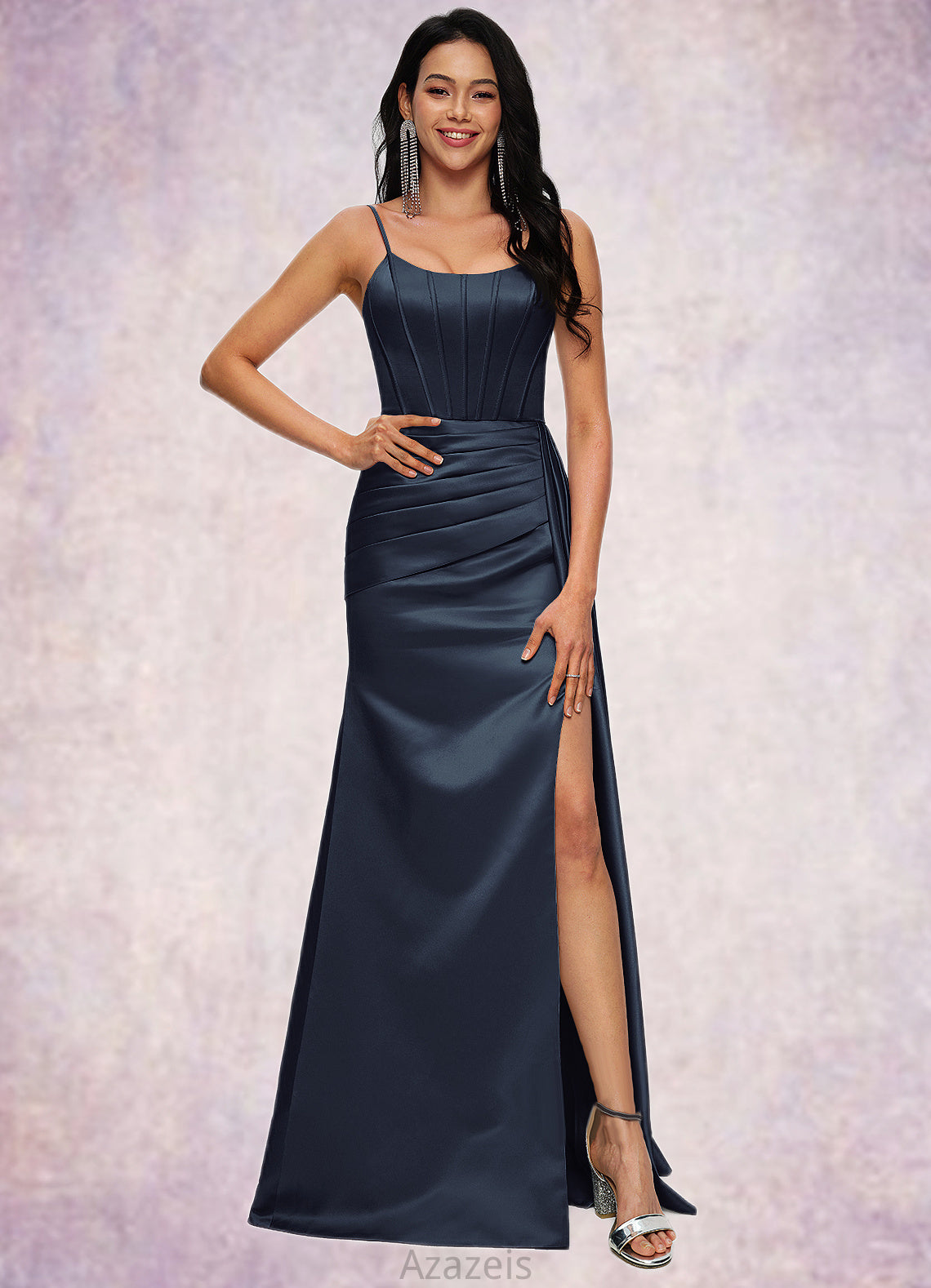 Frida Sheath/Column Scoop Floor-Length Satin Prom Dresses DFP0022196