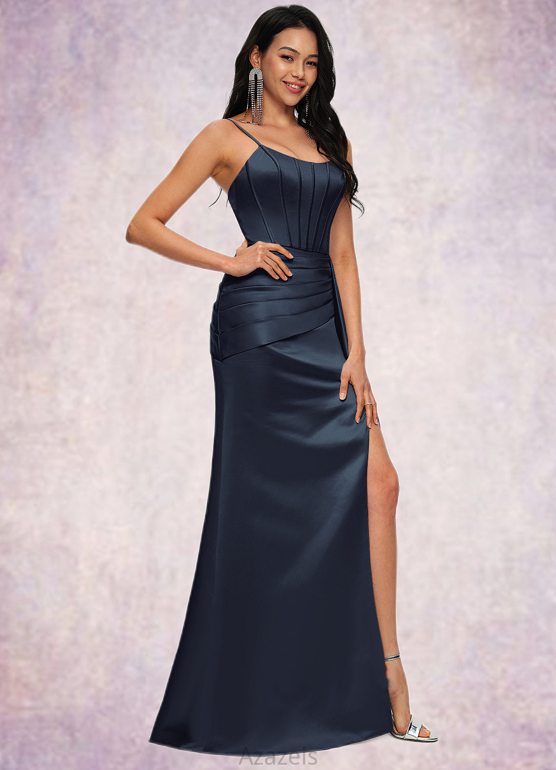 Frida Sheath/Column Scoop Floor-Length Satin Prom Dresses DFP0022196