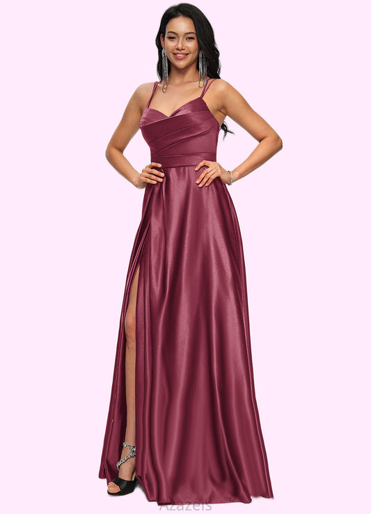 Kaliyah A-line V-Neck Floor-Length Satin Prom Dresses DFP0022197