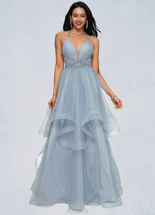 Genesis Ball-Gown/Princess Halter V-Neck Floor-Length Tulle Prom Dresses With Beading Rhinestone Sequins DFP0022199