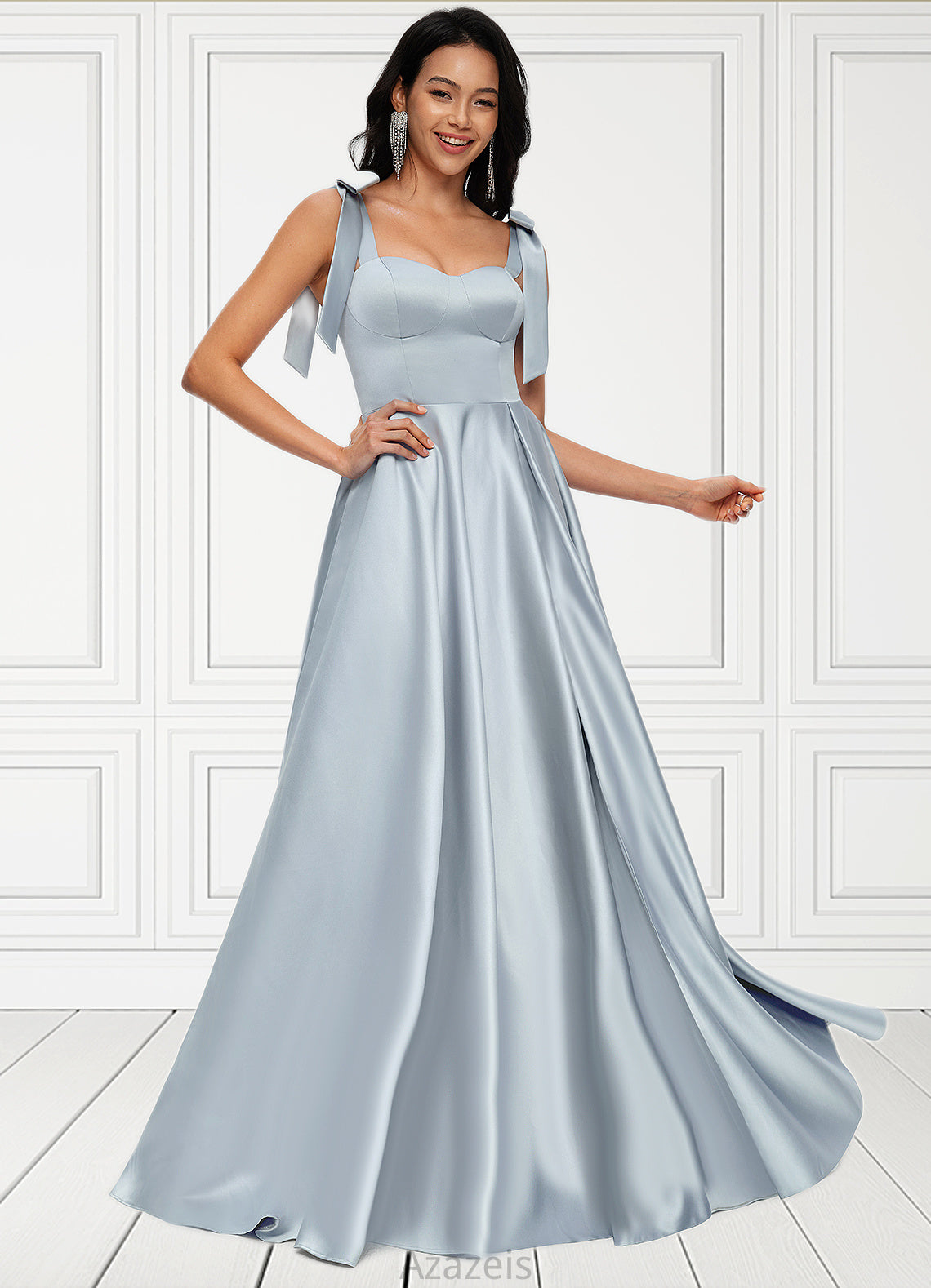 Samantha A-line Sweetheart Sweep Train Satin Prom Dresses With Bow DFP0022203