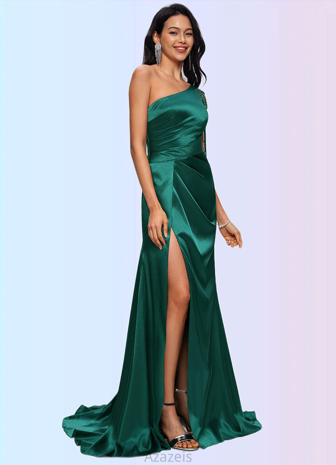 Briley Trumpet/Mermaid One Shoulder Sweep Train Stretch Satin Prom Dresses With Beading DFP0022205