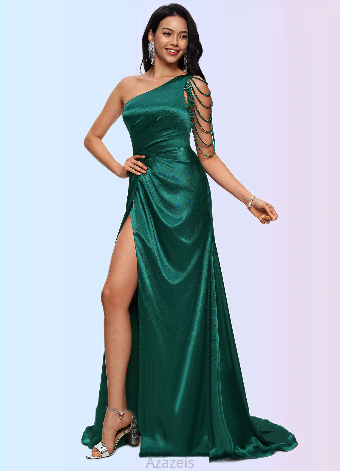 Briley Trumpet/Mermaid One Shoulder Sweep Train Stretch Satin Prom Dresses With Beading DFP0022205