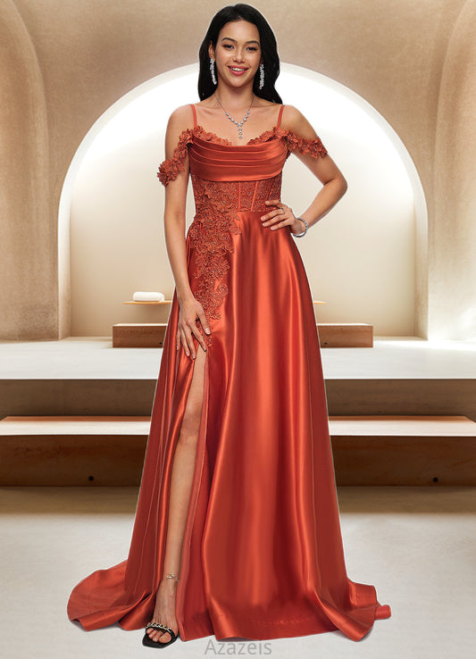 Kayleigh A-line Off the Shoulder Sweep Train Satin Prom Dresses With Rhinestone DFP0022208