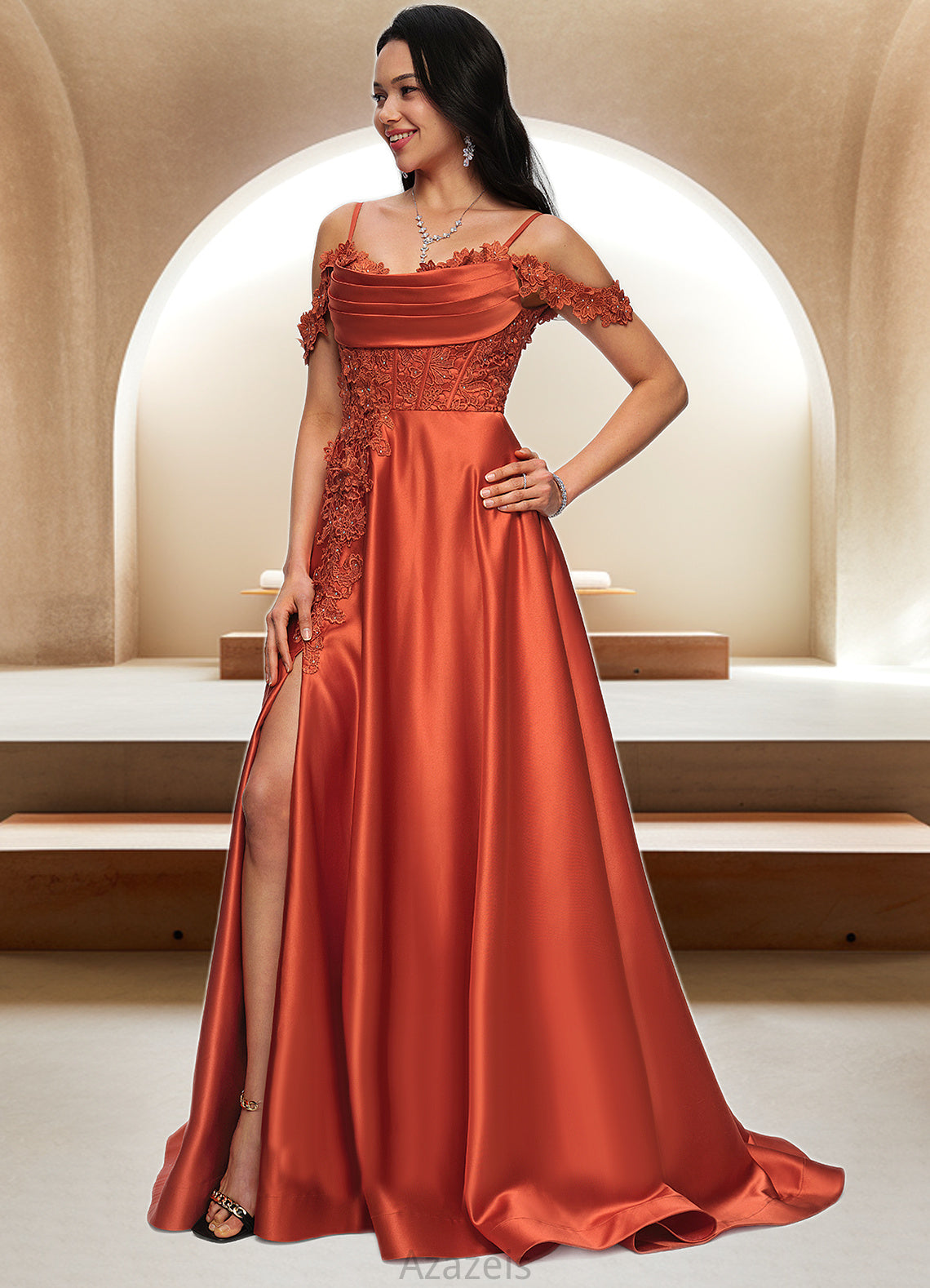 Kayleigh A-line Off the Shoulder Sweep Train Satin Prom Dresses With Rhinestone DFP0022208