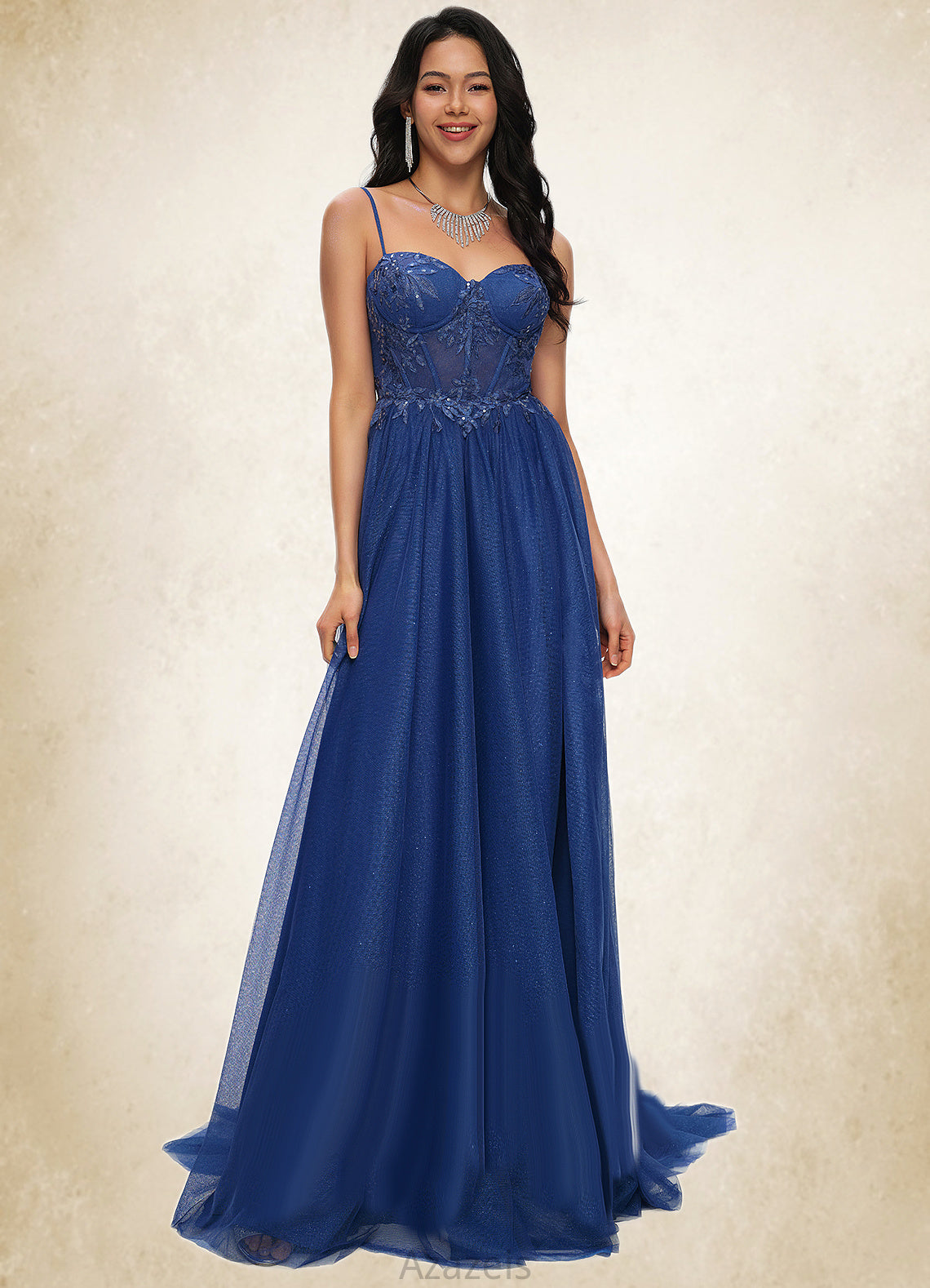 Kaliyah Ball-Gown/Princess Sweetheart Sweep Train Tulle Prom Dresses With Appliques Lace Sequins DFP0022210