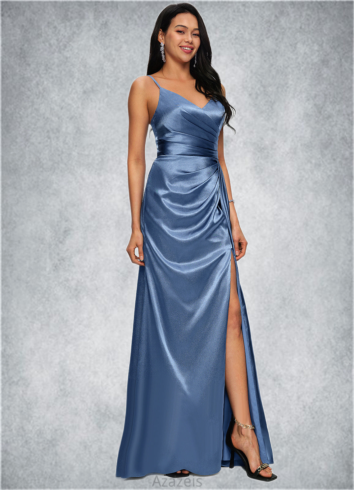 Jaslyn Sheath/Column V-Neck Floor-Length Stretch Satin Prom Dresses With Pleated DFP0022214