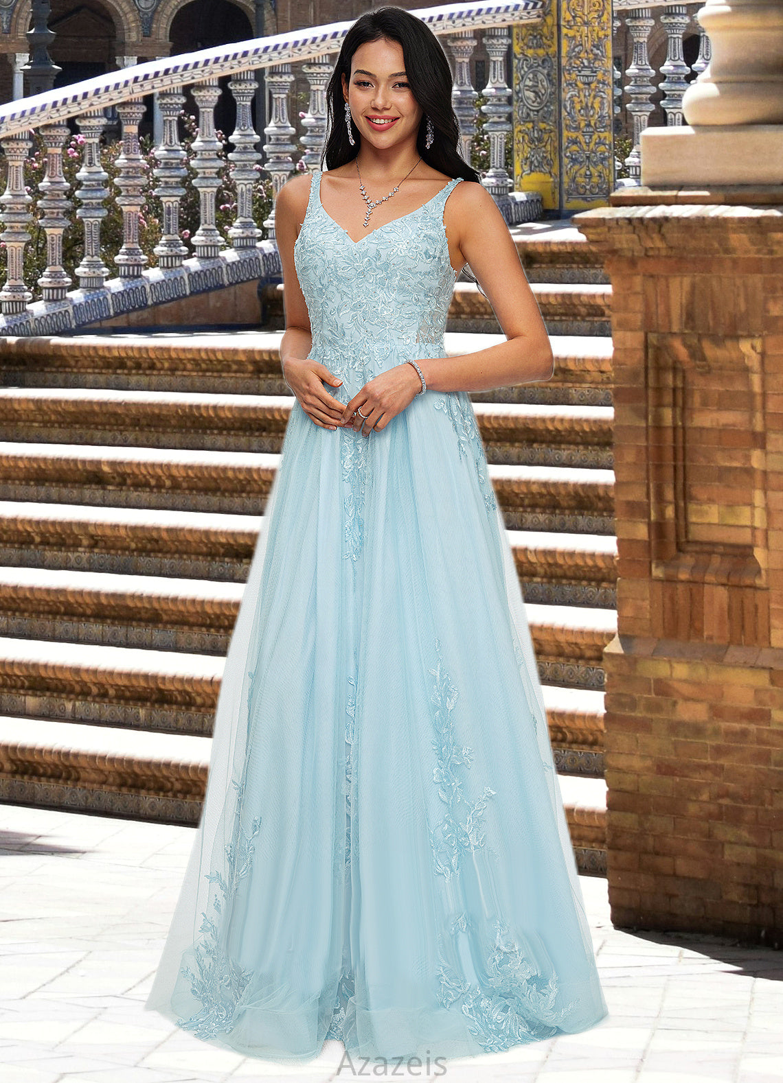 Alice A-line V-Neck Floor-Length Tulle Prom Dresses With Rhinestone Appliques Lace Sequins DFP0022225