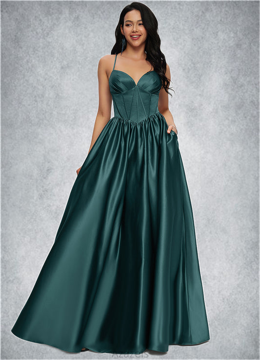 Ashleigh Ball-Gown/Princess V-Neck Floor-Length Satin Prom Dresses With Pleated DFP0022230