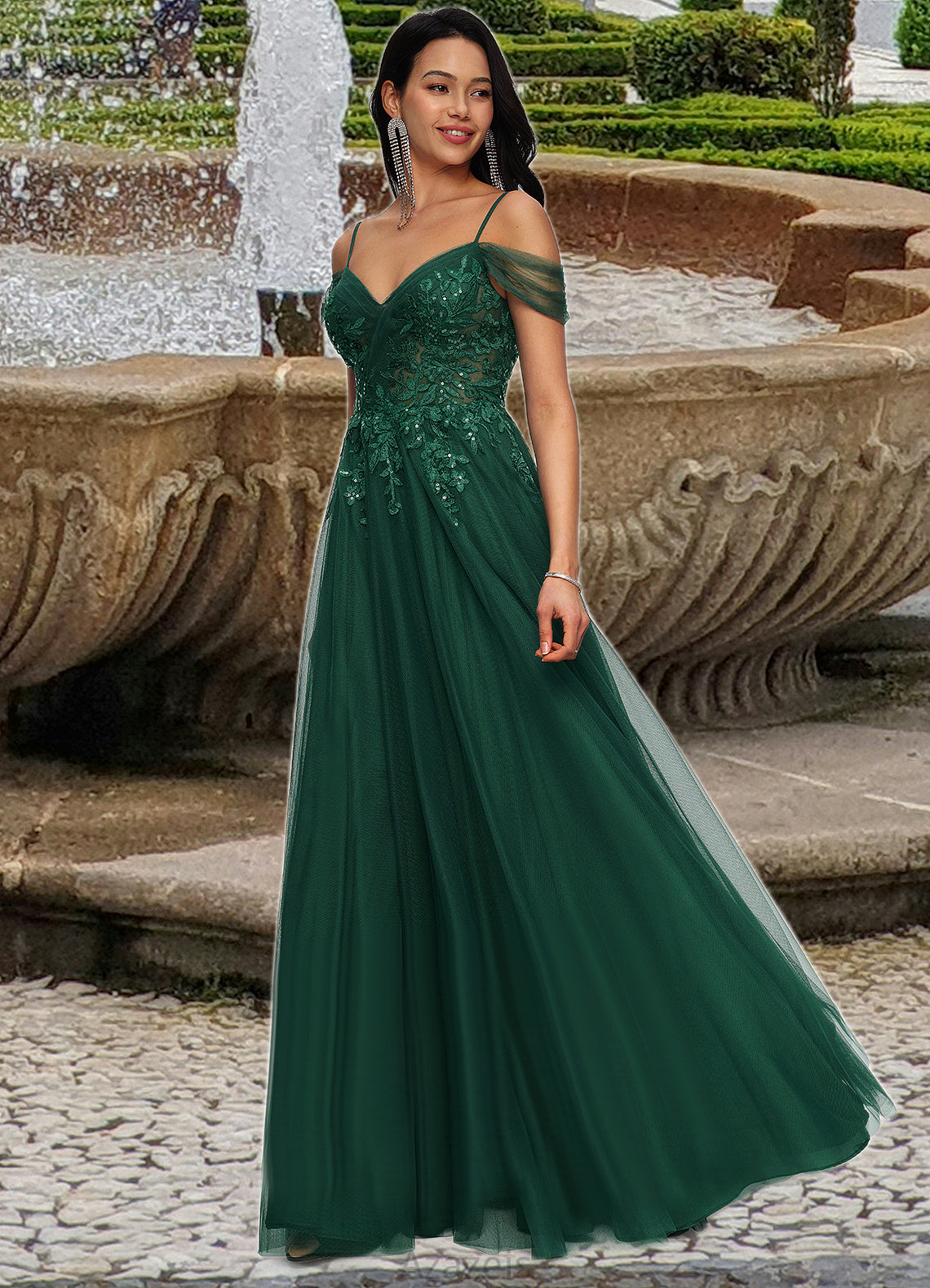 June A-line Off the Shoulder Floor-Length Tulle Prom Dresses With Appliques Lace Sequins DFP0022231