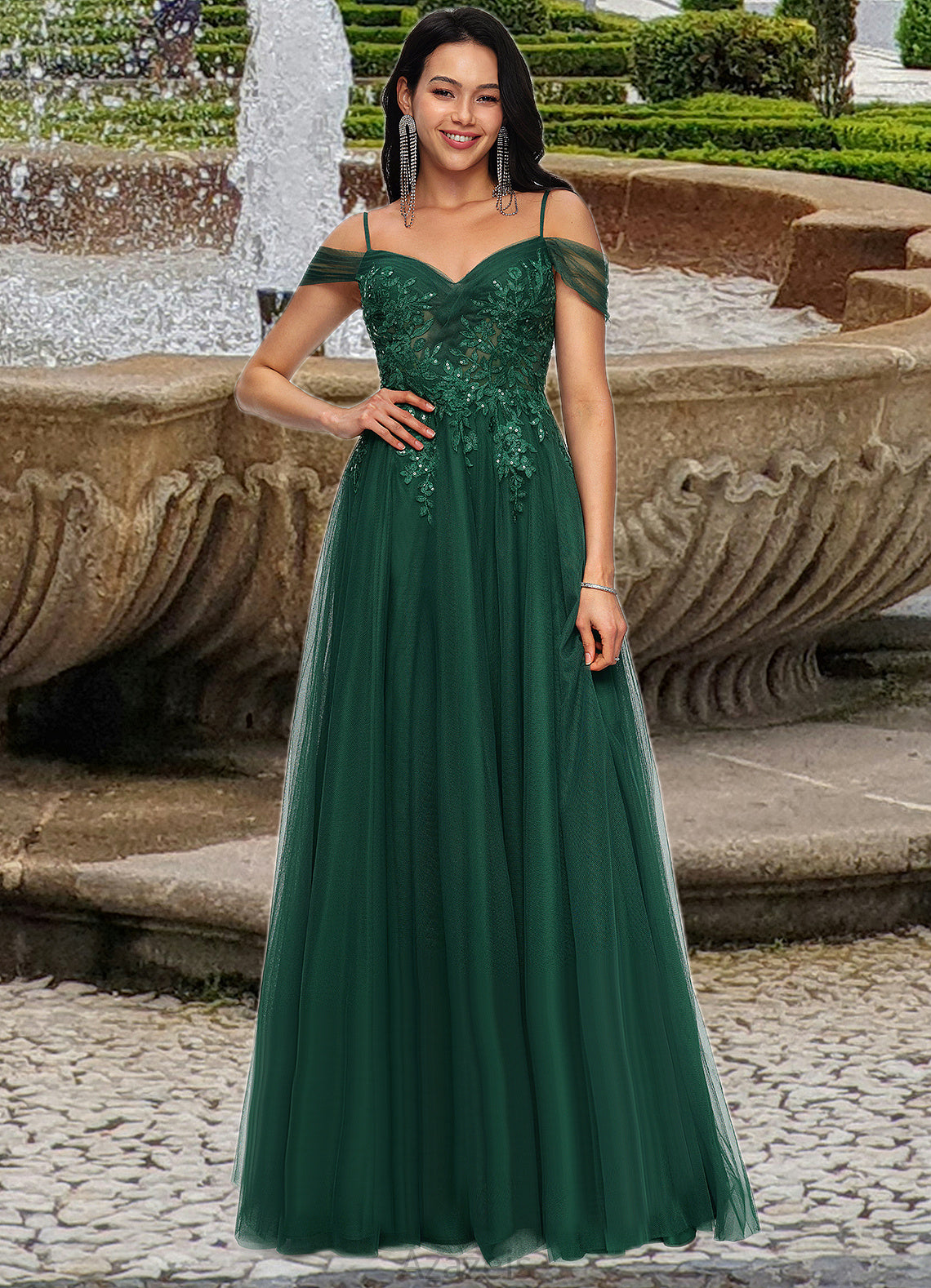 June A-line Off the Shoulder Floor-Length Tulle Prom Dresses With Appliques Lace Sequins DFP0022231