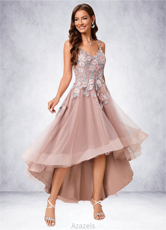 Maleah A-line Off the Shoulder Asymmetrical Lace Tulle Cocktail Dress With Flower DFP0022258