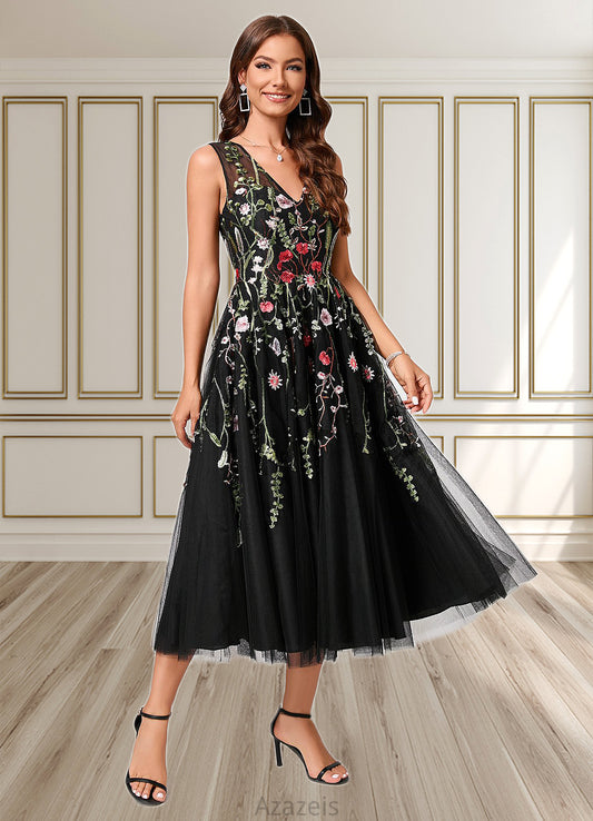 Ingrid A-line V-Neck Tea-Length Lace Tulle Cocktail Dress With Appliques Lace DFP0022260