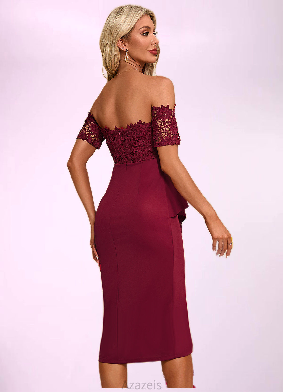 Ava Flower Ruffle Off the Shoulder Elegant Sheath/Column Lace Polyester Asymmetrical Dresses DFP0022276