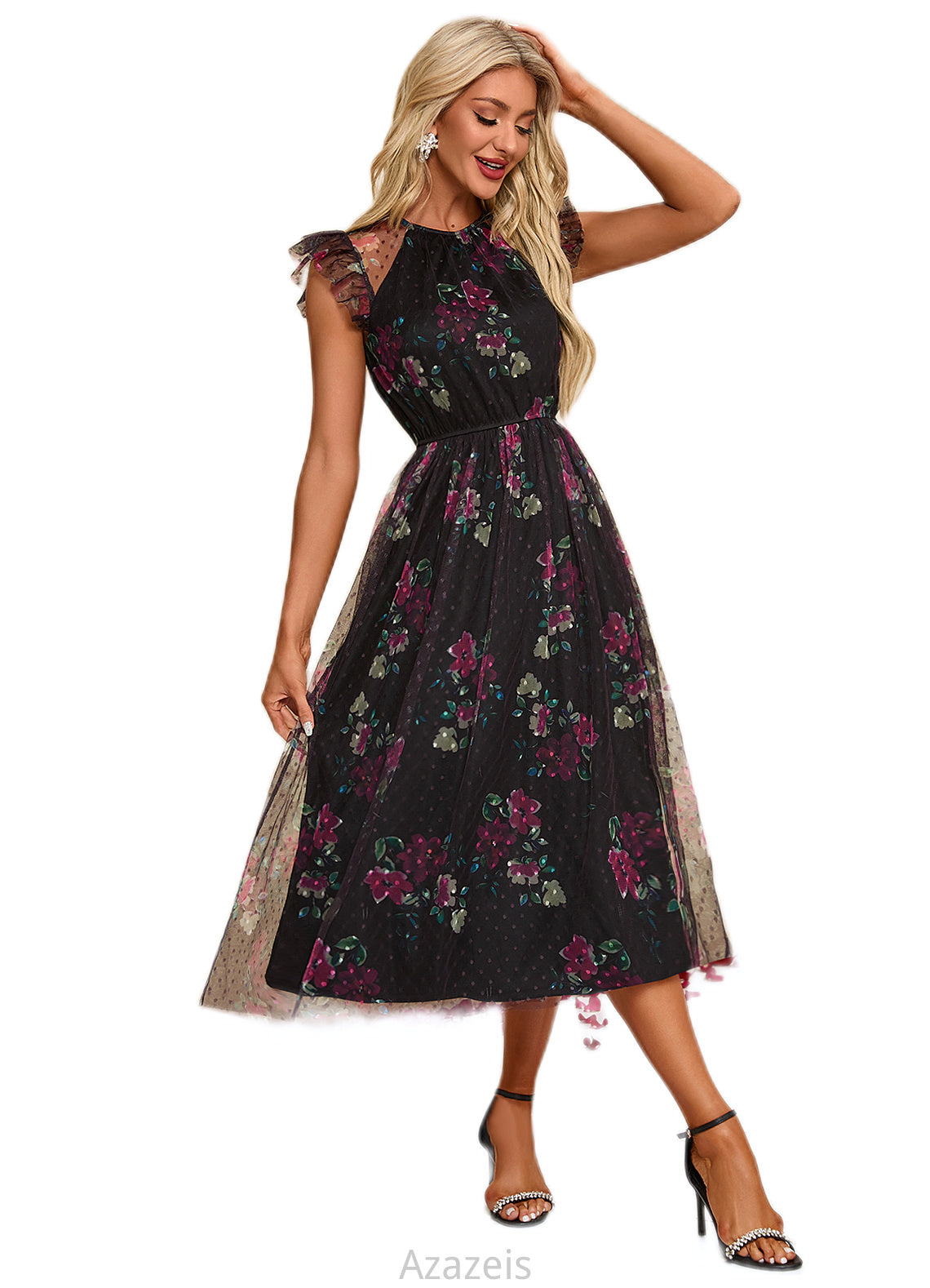 Hana Floral Print Scoop Elegant A-line Tulle Midi Dresses DFP0022277