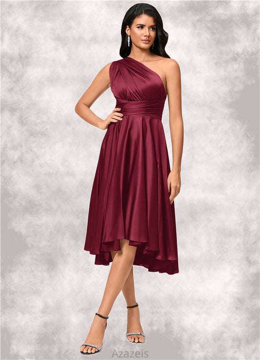 Lorelai A-line Halter One Shoulder V-Neck Asymmetrical Silky Satin Cocktail Dress With Ruffle DFP0022280