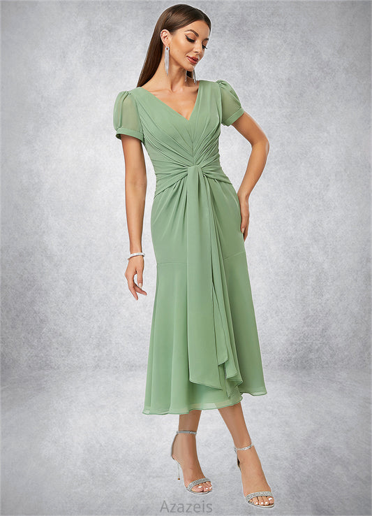 Madeleine Trumpet/Mermaid V-Neck Tea-Length Chiffon Cocktail Dress With Pleated DFP0022315