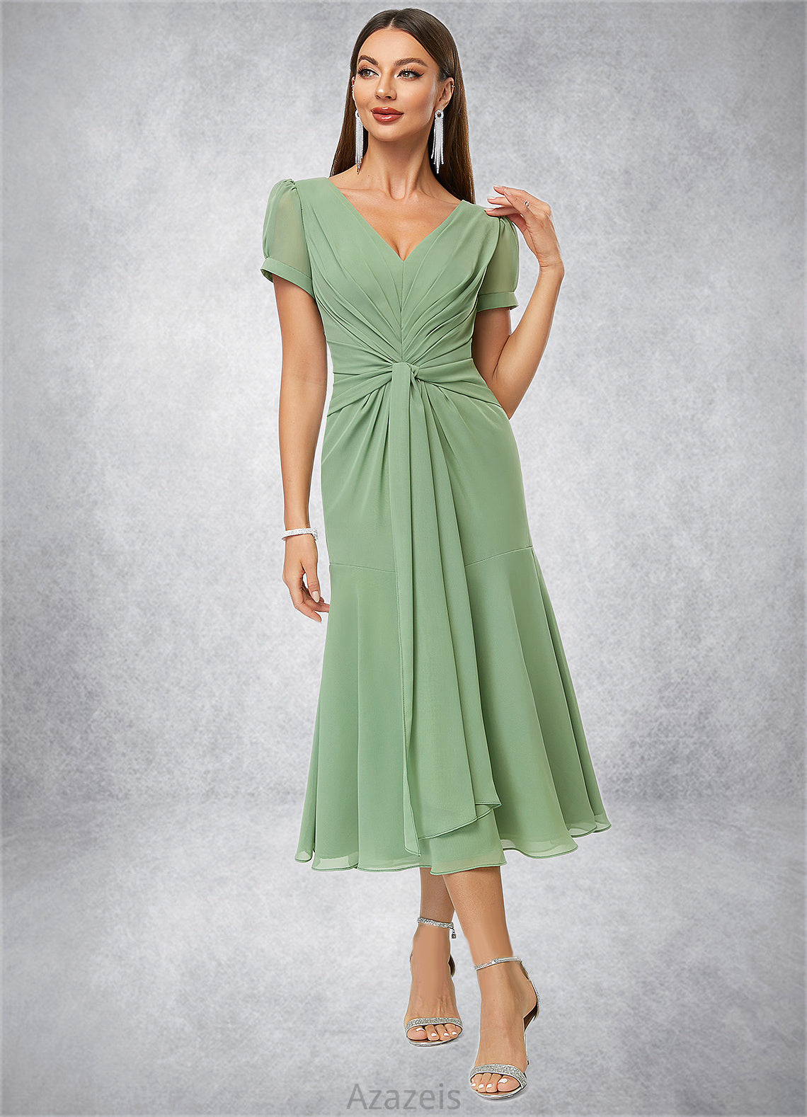 Madeleine Trumpet/Mermaid V-Neck Tea-Length Chiffon Cocktail Dress With Pleated DFP0022315