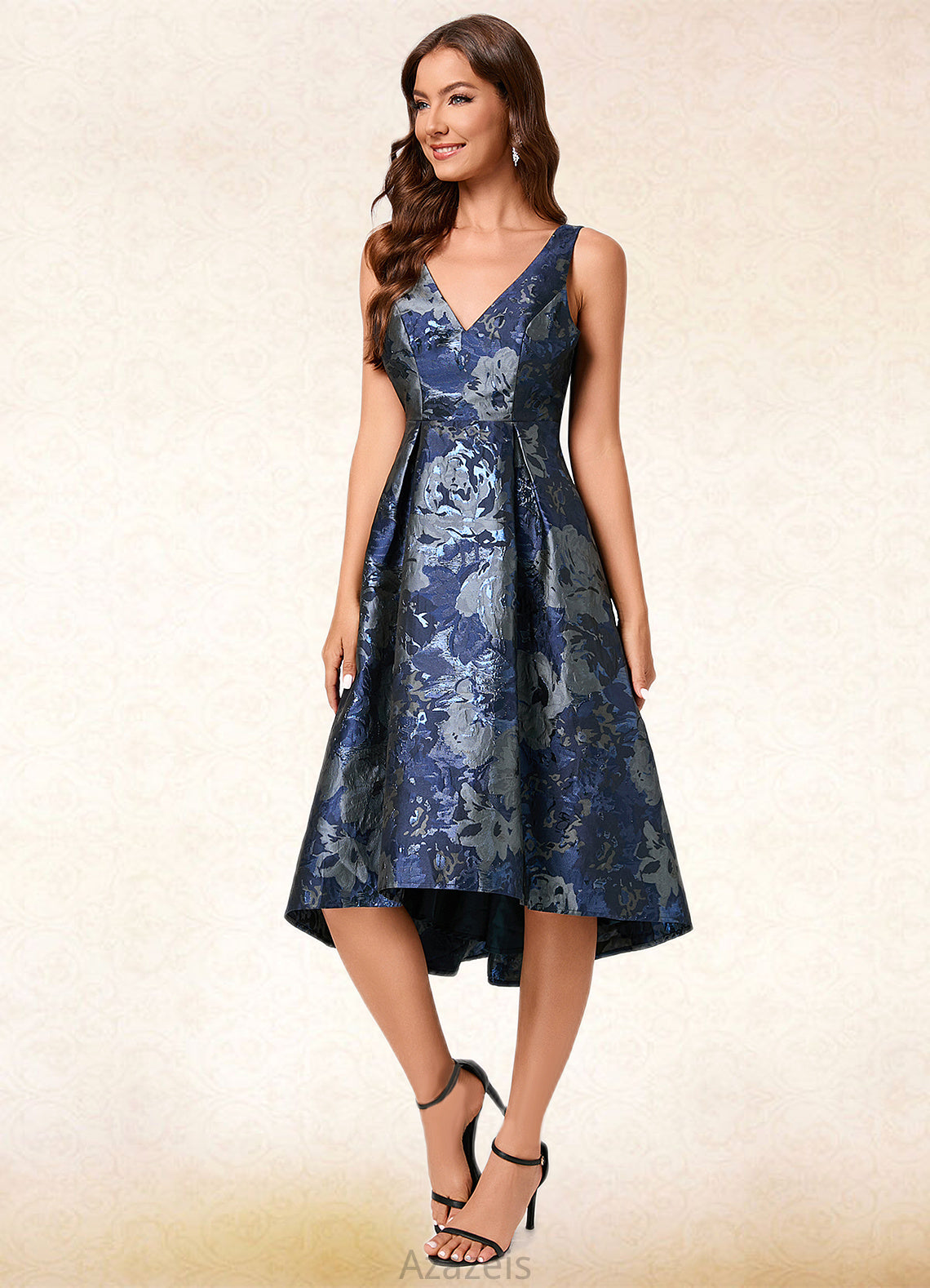 Madge A-line V-Neck Asymmetrical Jacquard Cocktail Dress With Flower DFP0022321