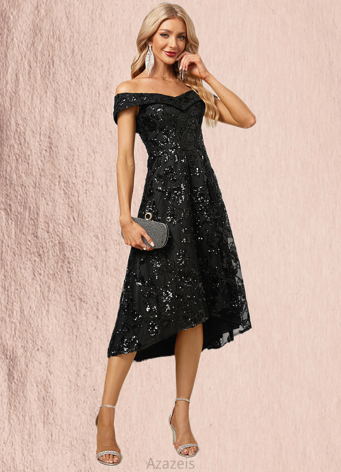 LuLu A-line Off the Shoulder Asymmetrical Lace Sequin Cocktail Dress With Sequins DFP0022328