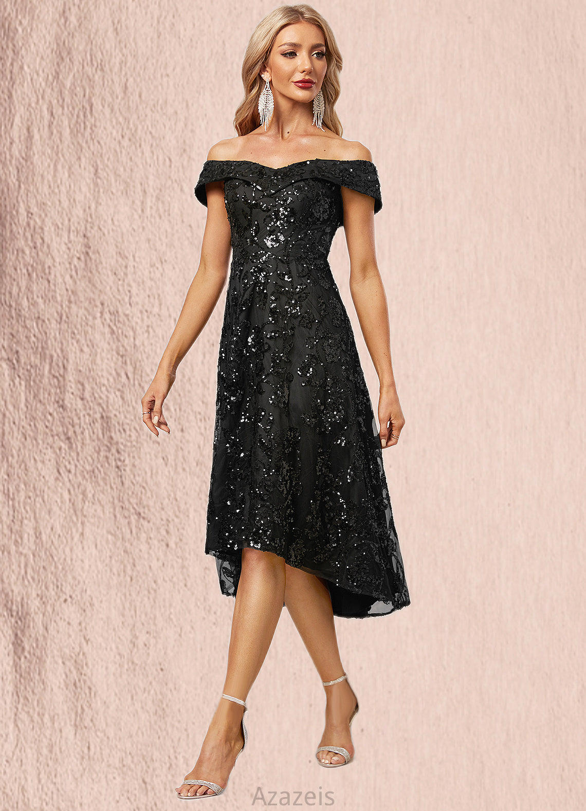 LuLu A-line Off the Shoulder Asymmetrical Lace Sequin Cocktail Dress With Sequins DFP0022328