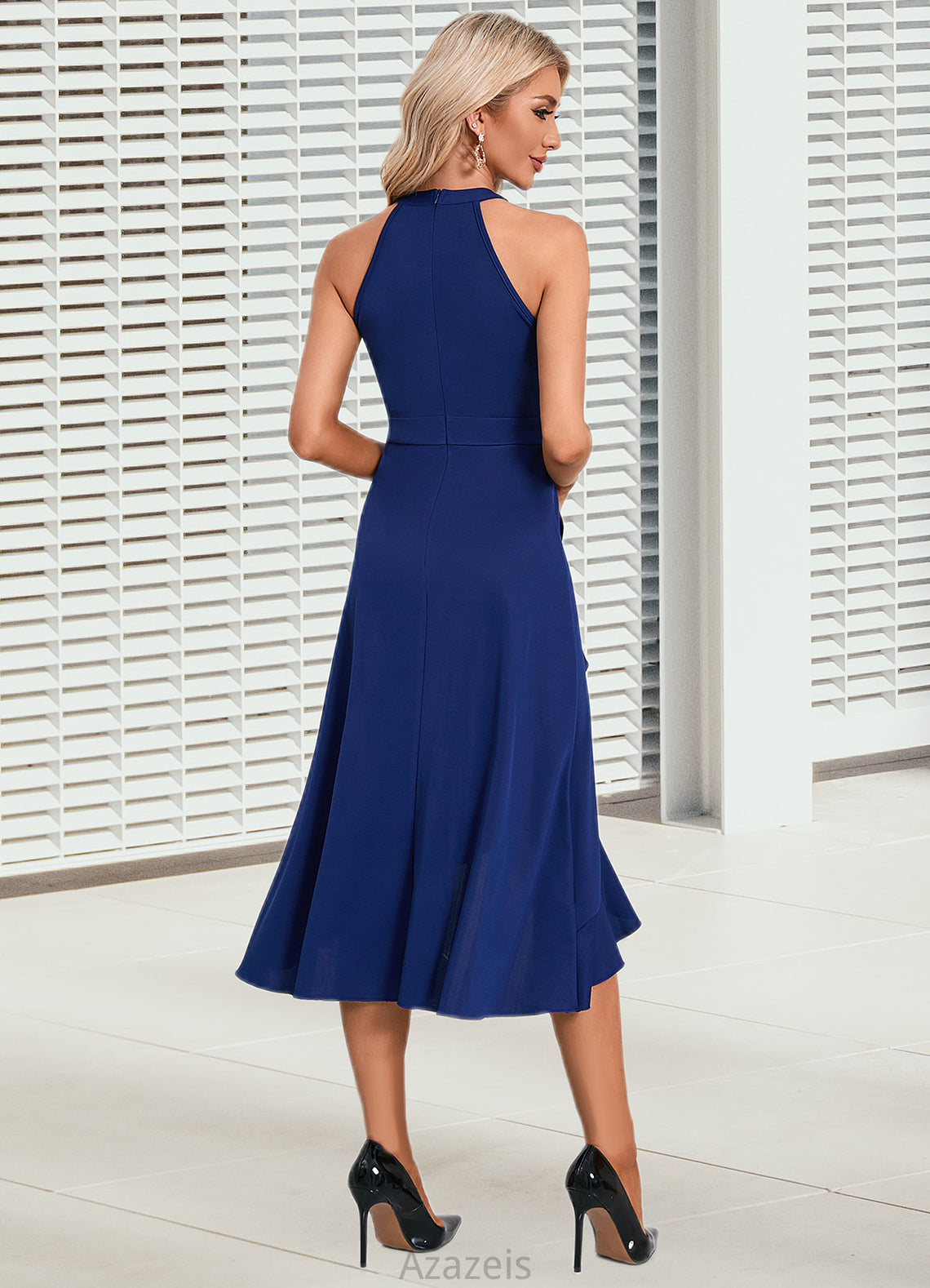 Carlee Cascading Ruffles High Neck Elegant A-line Cotton Blends Asymmetrical Midi Dresses DFP0022353