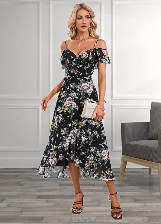 Serenity Floral Print Cold Shoulder Elegant A-line Chiffon Asymmetrical Dresses DFP0022369