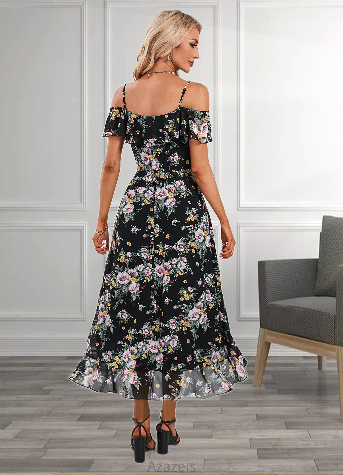 Serenity Floral Print Cold Shoulder Elegant A-line Chiffon Asymmetrical Dresses DFP0022369