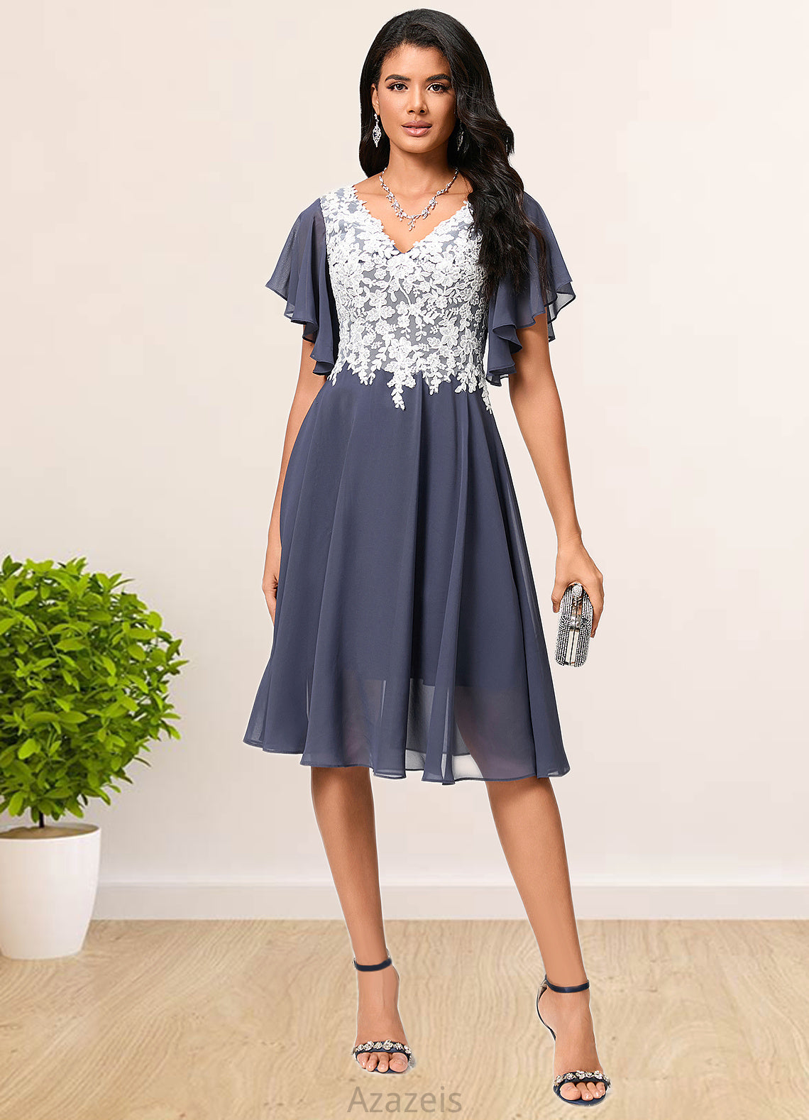 Brittany A-line V-Neck Knee-Length Chiffon Lace Cocktail Dress DFP0022376