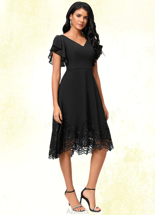 Peggie A-line V-Neck Asymmetrical Chiffon Lace Cocktail Dress With Sequins DFP0022377