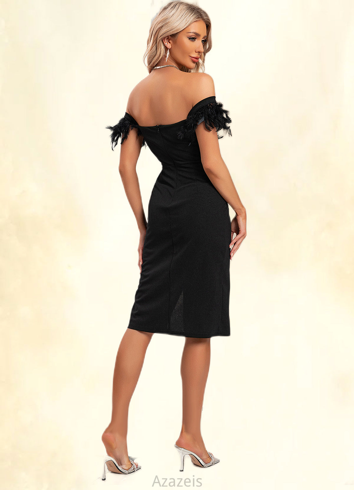 Joyce Faux Feather Off the Shoulder Elegant Sheath/Column Polyester Midi Dresses DFP0022381