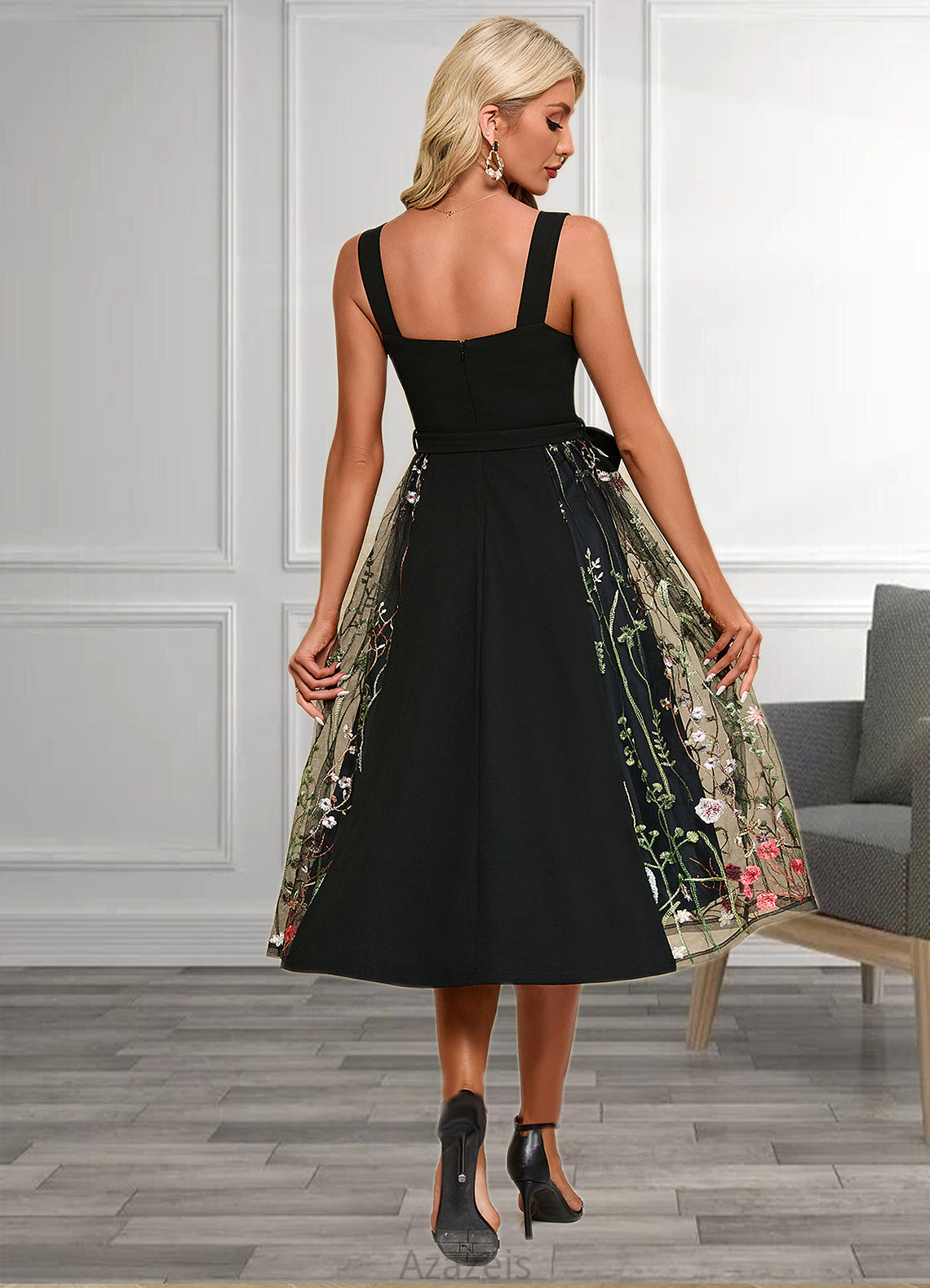 Lexi Flower Jacquard Square Elegant A-line Polyester Tulle Midi Dresses DFP0022392