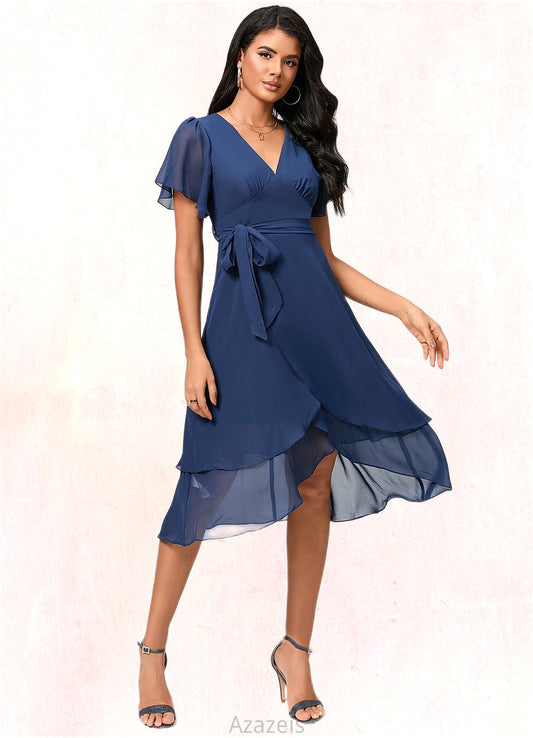 Lila A-line V-Neck Asymmetrical Chiffon Cocktail Dress With Ruffle DFP0022398