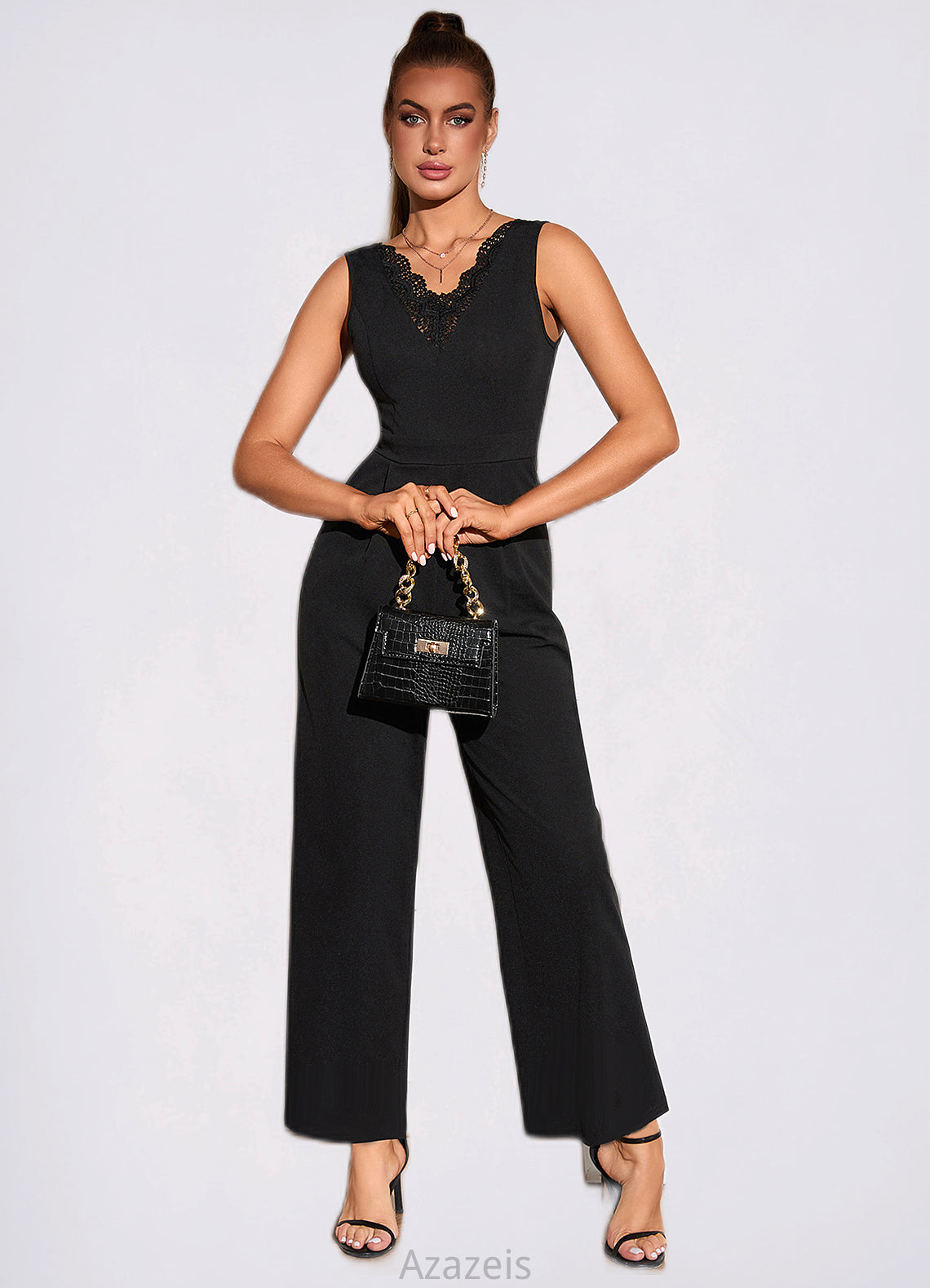 Lucia Jacquard V-Neck Elegant Jumpsuit/Pantsuit Polyester Maxi Dresses DFP0022404