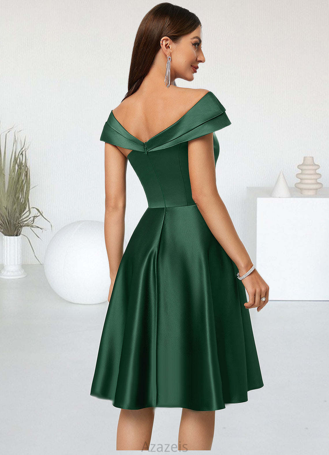 Anabella A-line Asymmetrical Knee-Length Satin Cocktail Dress With Rhinestone Crystal Brooch DFP0022407