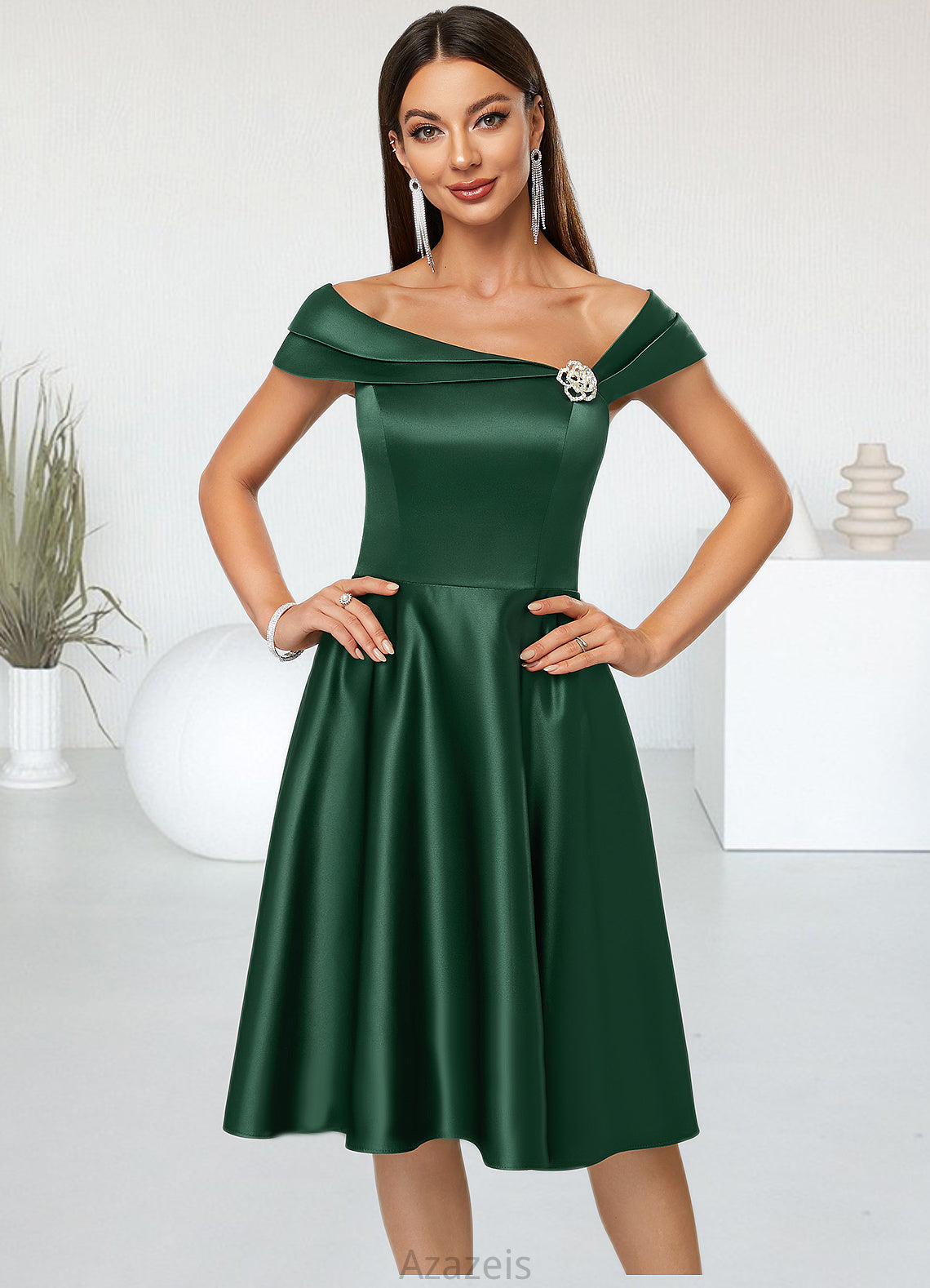 Anabella A-line Asymmetrical Knee-Length Satin Cocktail Dress With Rhinestone Crystal Brooch DFP0022407